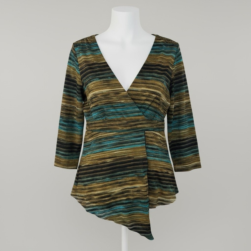 Dressbarn XL V-Neck Blouse Sheer Sleeves Brown Blue Stripe Stretchy Officewear